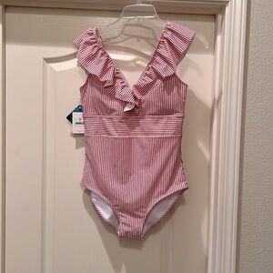AAVA Layla Candy Stripe red/white ruffled one piece swimsuit Size Medium
